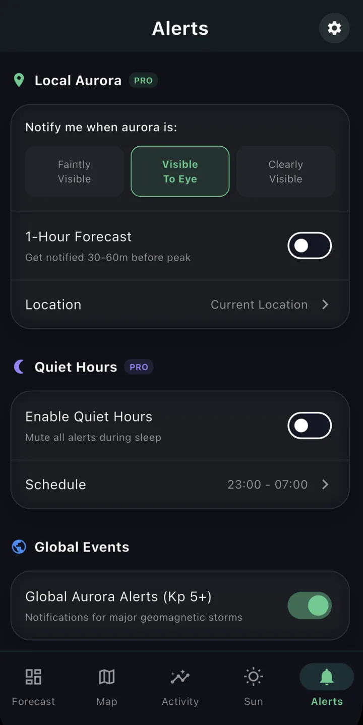 Aurora alert settings screen