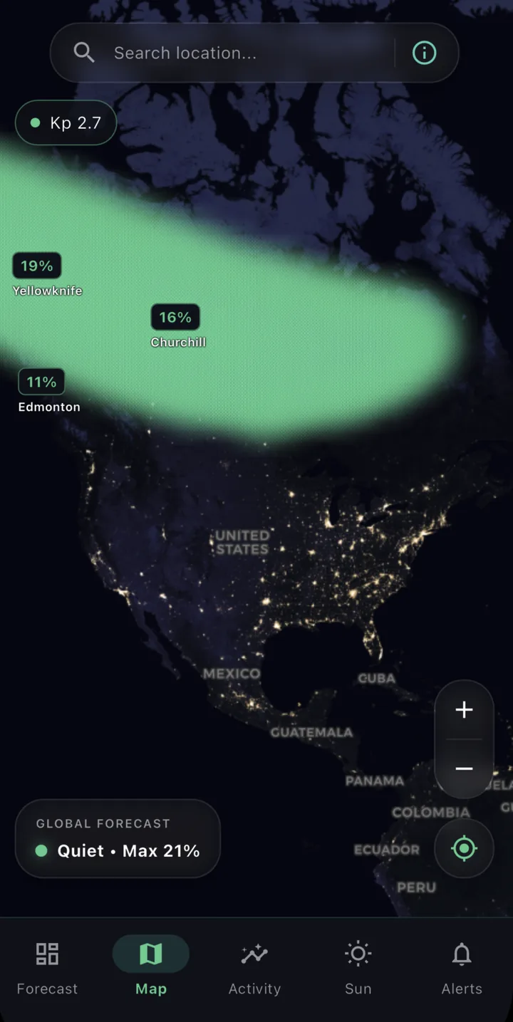 Live aurora map screen